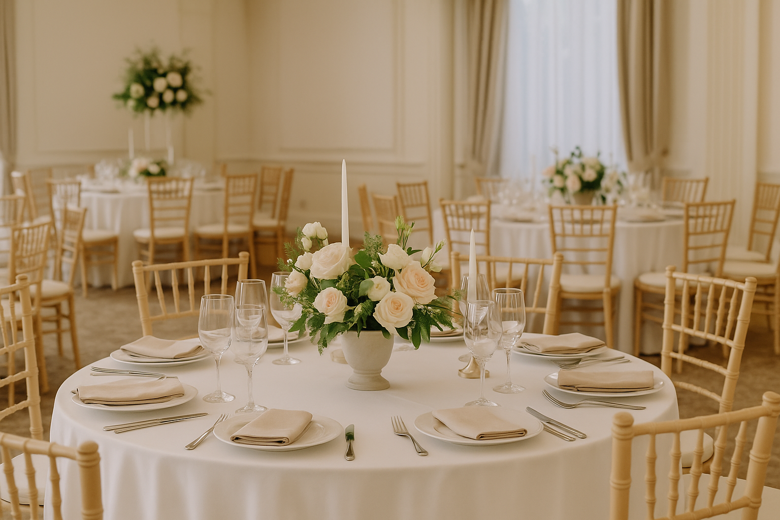 Montaje de matrimonio de presupuesto medio con mesas redondas, sillas chiavari y centro de mesa floral en tonos neutros dentro de un salón elegante.